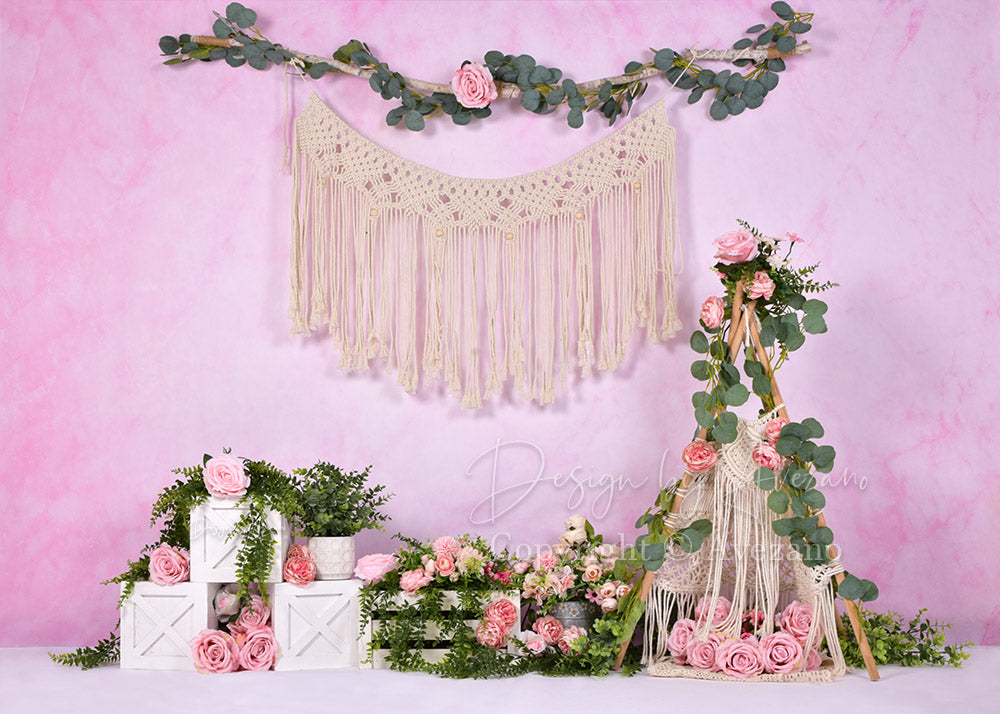 Avezano Boho Tassel Charm Flowers Spring Photography Backdrop-AVEZANO